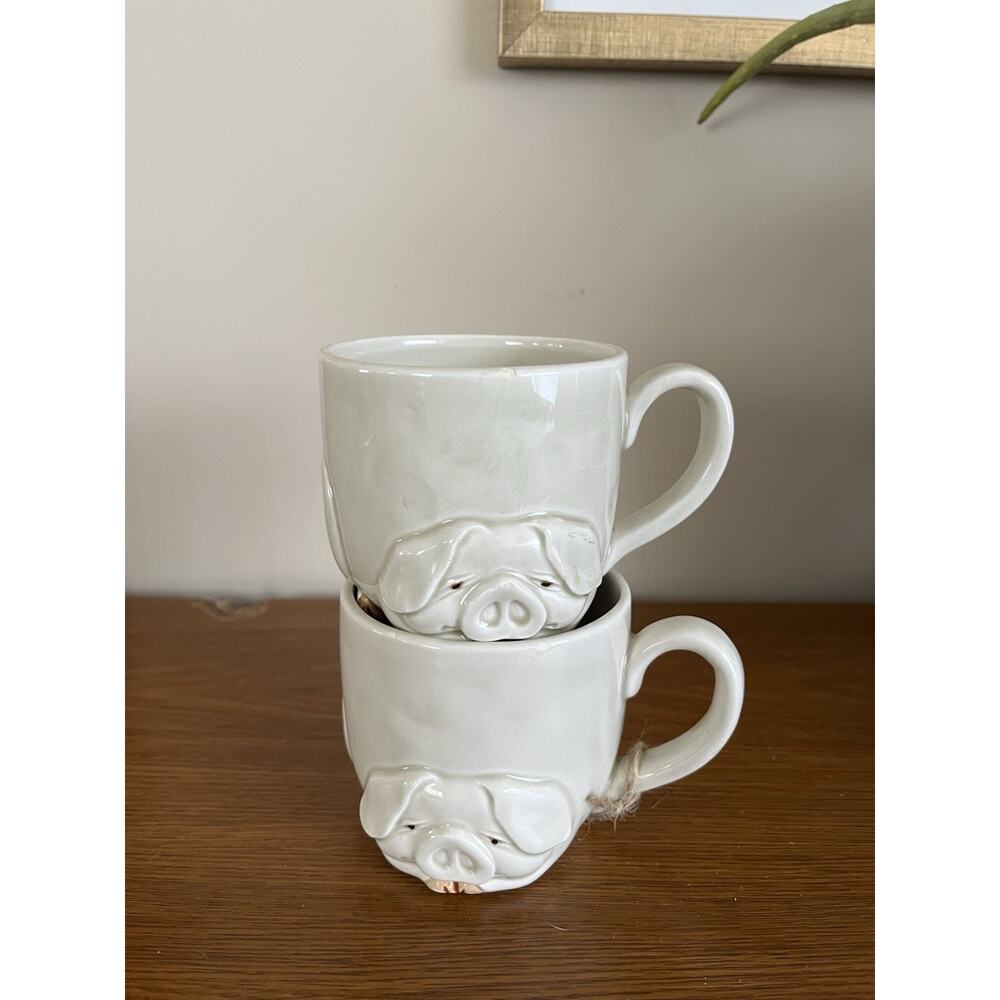 2 Fitz & Floyd Vintage Hand Painted Pig Porky Mug Ceramic 3D Tea Coffee Cup